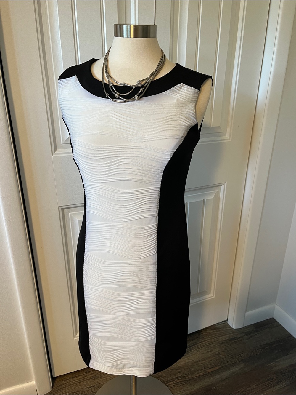 Valerie Bertinelli Black and White Textured Panel Midi Dress